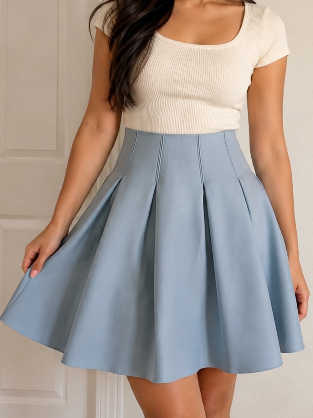 1. STATE Light Blue Pleated A-Line Skirt